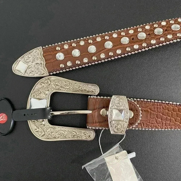 Vintage Western Leather Studded Rhinestone Belt Cowgirl New Boho Festival - Picture 3 of 10